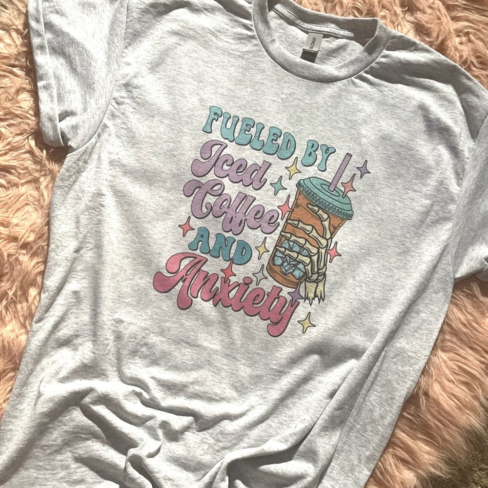 New Fueled By Iced Coffee & Anxiety Unisex Mental Health Graphic Tee - Picture 2 of 3